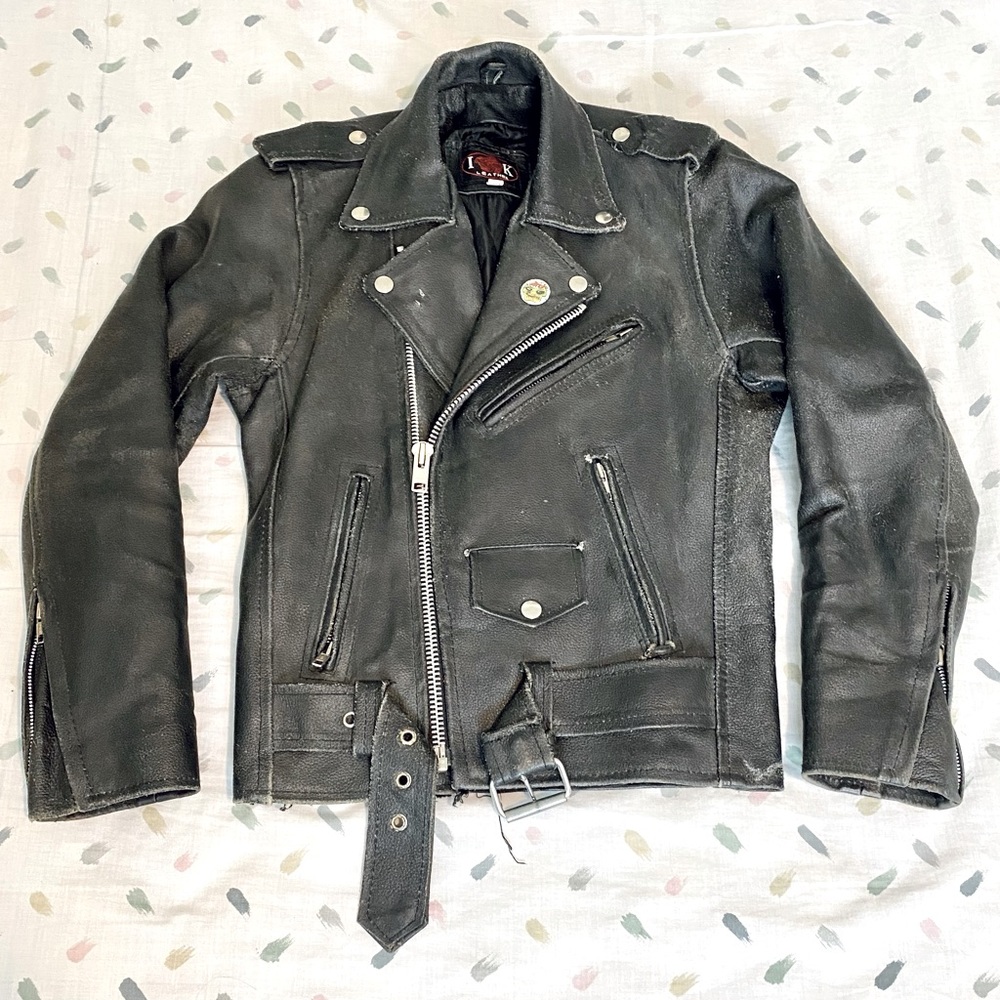 Vintage Black Leather Biker Jacket Destroyed Distressed Womens Small or Mens XS